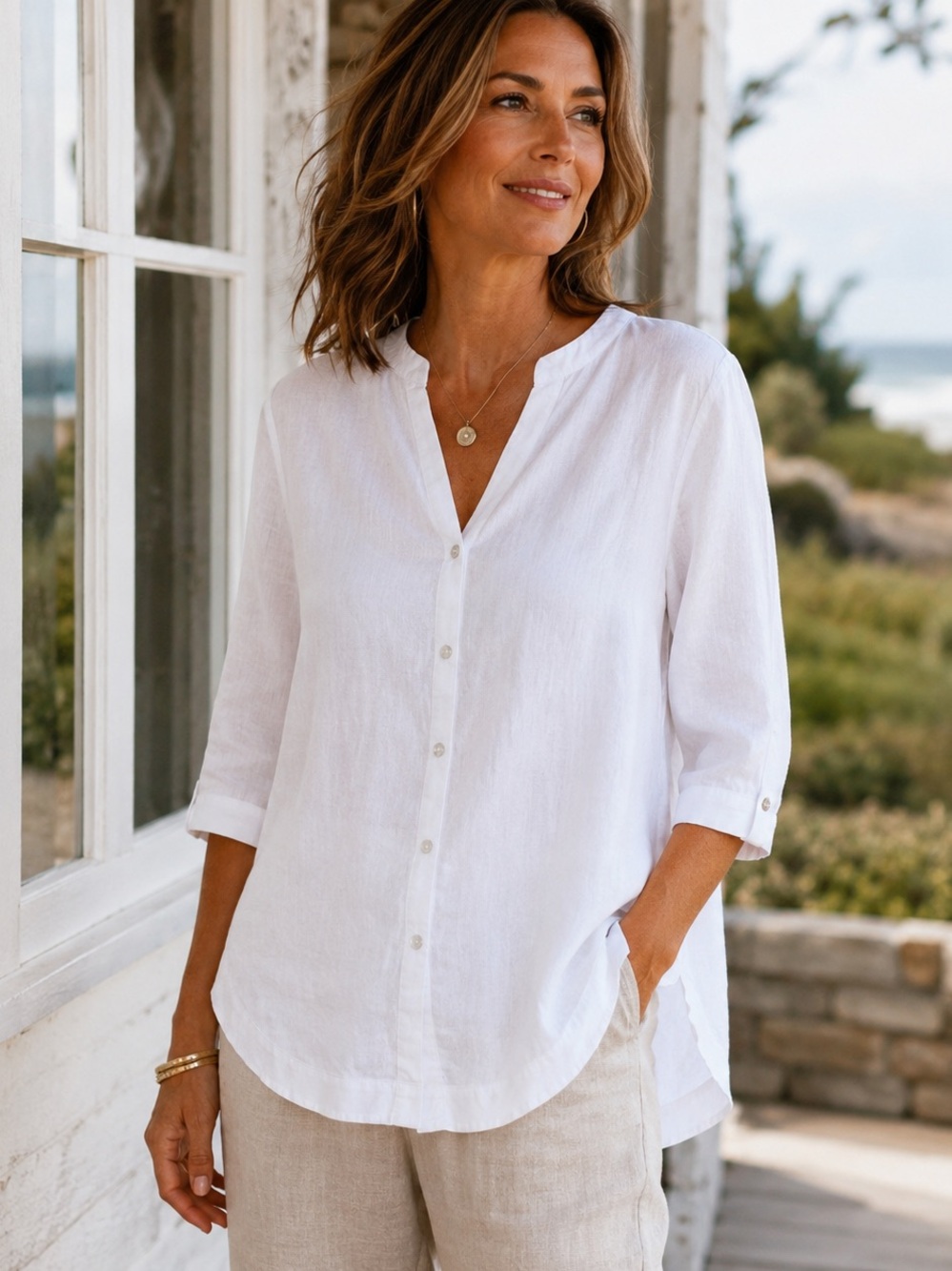 Bariloche White Linen Blend High-Low Button Front Blouse